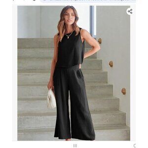 Anrabess Womens Chic Back Button Black Sleeveless Top & Wide-Leg Pants Set Large